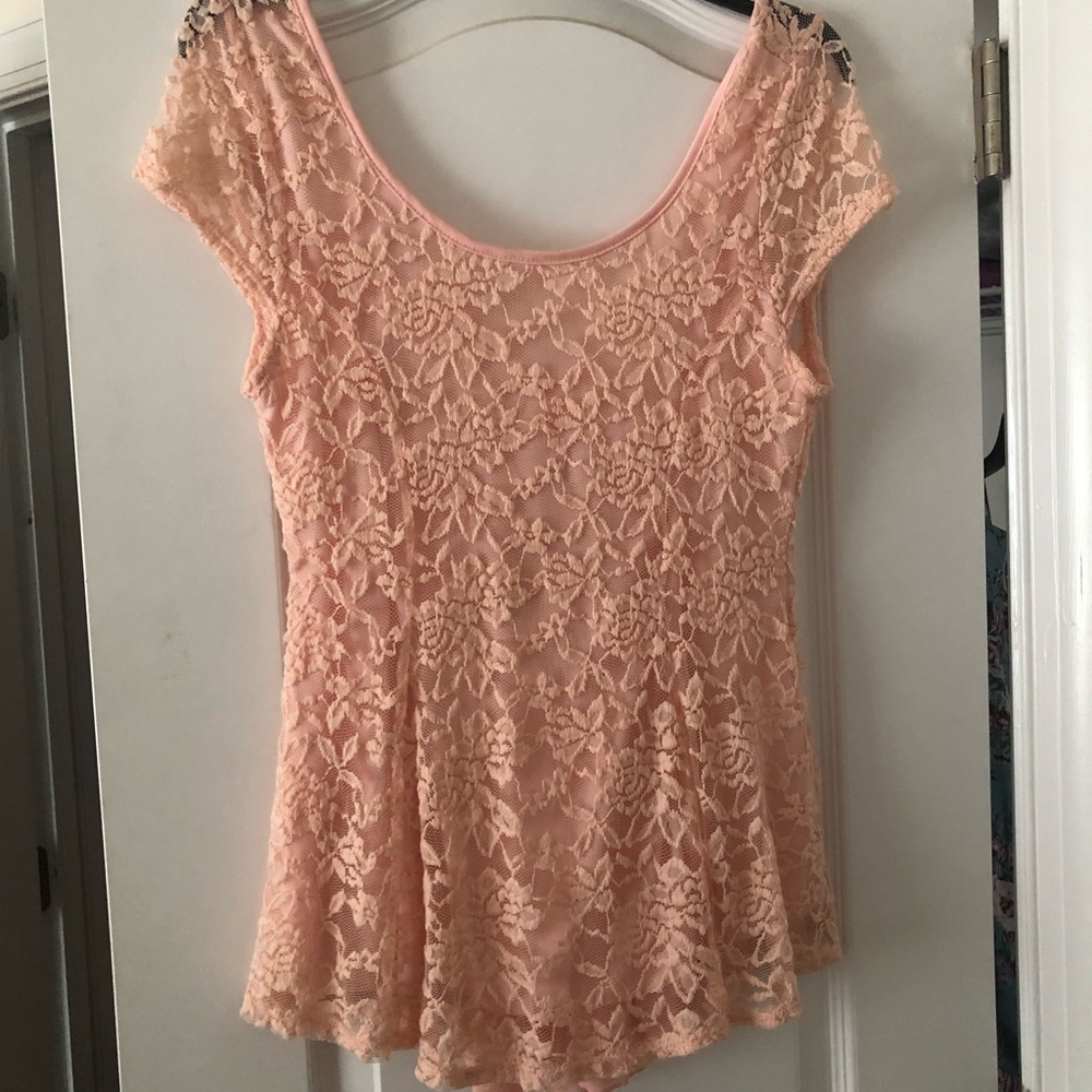 salmon pink lace bow top